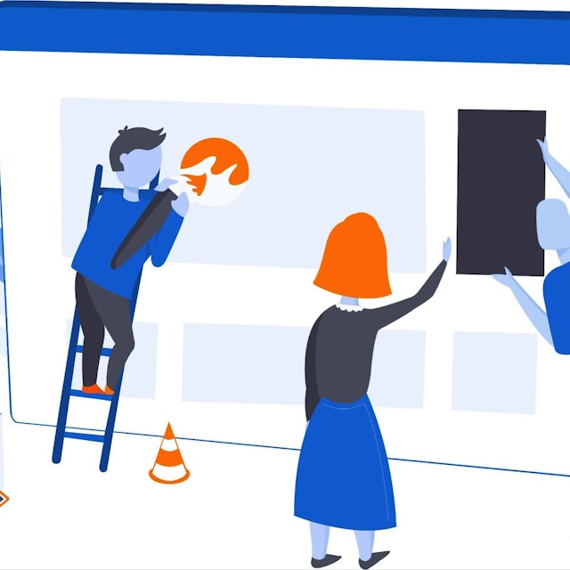 Three people working on a large computer screen, configuring elements and working on the layout. Image by Toms Štāls via Unsplash.